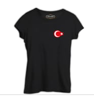Ay Yıldız - Göğüs Logo Siyah Kadın Tshirt