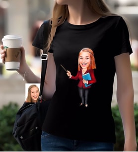 BK Gift Kişiye Özel Bayan Öğretmen Karikatürlü Siyah T-Shirt-3