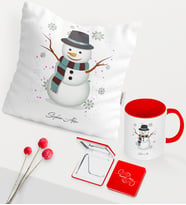 BK Gift Kişiye Özel Yılbaşı Kardan Adam Temalı Kırmızı Kupa Ayna Yastık Seti - 1