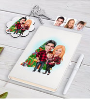 BK Gift Kişiye Özel Yeni Yıl Aile Karikatürlü Beyaz Defter Kalem ve Anahtarlık Hediye Seti-4 (Model 1)