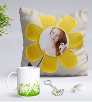 BK Gift Kişiye Özel Fotoğraflı Papatya Yastık Kupa ve Silver Papatya Anahtarlık-3 (Model 1)