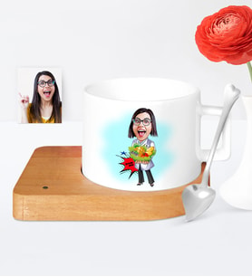 BK Gift Kişiye Özel Bayan Diyetisyen Karikatür Ahşap Altlıklı Seramik Fincan  1
