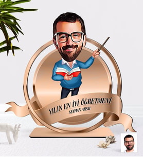 BK Gift Kişiye Özel Yılın En İyi Erkek Öğretmeni Karikatürlü 3D Ahşap Biblo Plaket-2 (Beyaz)