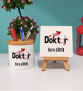 Mesajlı Doktor Hediye Kalemlik ve Dekoratif Taş Baskı Hediye Seti