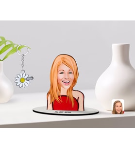 BK Gift Kişiye Özel Kadın Karikatürlü 3D Ahşap Biblo ve İsimli Silver Papatya Anahtarlık-33 (Model 1)