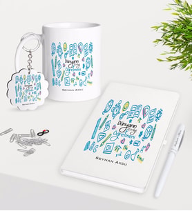BK Gift Kişiye Özel Dünyanın En İyi Öğretmeni Kupa Anahtarlık Beyaz Defter Kalem Hediye Seti-15 (Model 1)
