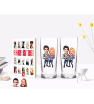 BK Gift Kişiye Özel Renkli Baskılı Sevgililer Karikatürlü İkili Rakı Bardağı ve Rakı Cep Kitabı Hediye Seti-50 (Model 1)