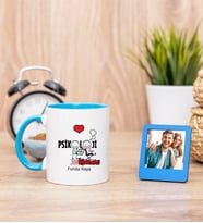 Psikoloji Öğretmeni Mavi Kupa Bardak ve Mavi Mini Fotoğraf Çerçevesi