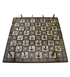 Metal Mısır Satranç Takımı Parlak ve Sedef Desenli MDF Ahşap Satranç Tahtası (37x37 cm.) (Çok Renkli)