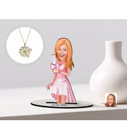 BK Gift Kişiye Özel Kadın Karikatürlü 3D Ahşap Biblo ve İsimli Tarihli Papatya Kolye Seti-41 (Model 1)
