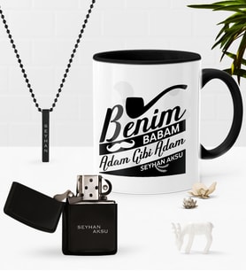 BK Gift Kişiye Özel Benim Babam Adam Gibi Adam Siyah Kupa Benzinli Çakmak Kolye Seti (Model 1)