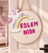 İsme Özel Unicorn Tasarımlı Gökkuşağı Çocuk Odası Kapı Süsü