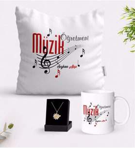 BK Gift Kişiye Özel Müzik Öğretmeni Beyaz Kupa Yastık ve İsimli Papatya Kolye Hediye Seti (Model 1)
