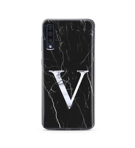 Samsung A50 Siyah Mermer Harf Tasarımlı Telefon Kılıfı V-Harfi 