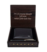 Özel Ahşap Kutulu Cüzdan ve Kalem Seti (Taba)