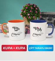 İkili Çiftlere Özel Mr Mrs Sevgiliye Hediye Kupa Bardak Turuncu Lacivert