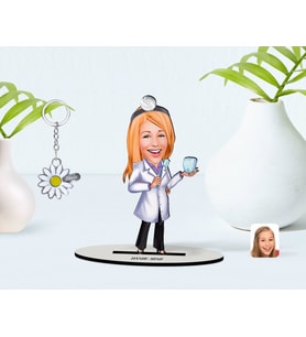 BK Gift Kişiye Özel Kadın Diş Hekimi Karikatürlü 3D Ahşap Biblo ve İsimli Silver Papatya Anahtarlık-1 (Model 1)