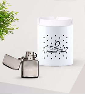 BK Gift Kişiye Özel İsimli Silver Benzinli Metal Çakmak ve Seramik Kül Tablası Seti-4 (Model 1)