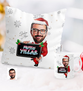BK Gift Kişiye Özel Yılbaşı Temalı Bay Karikatürlü Yastık Kupa Seti - 1