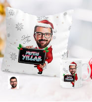 BK Gift Kişiye Özel Yılbaşı Temalı Bay Karikatürlü Yastık Kupa Seti - 1
