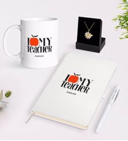 BK Gift Kişiye Özel Öğretmenimi Seviyorum Beyaz Kupa Defter Kalem ve İsimli Papatya Kolye Hediye Seti-3 (Model 1)