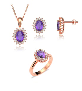 Oval Ametist Taşlı Anturaj Pırlanta Montür Rose Gümüş Üçlü Set