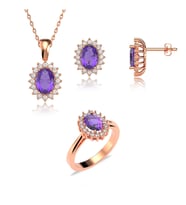Oval Ametist Taşlı Anturaj Pırlanta Montür Rose Gümüş Üçlü Set
