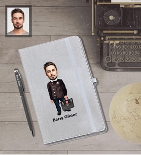 Kişiye Özel Seksenler Siyah Önlük Karikatürlü Gri Defter Kalem Hediye Seti  Bay-1