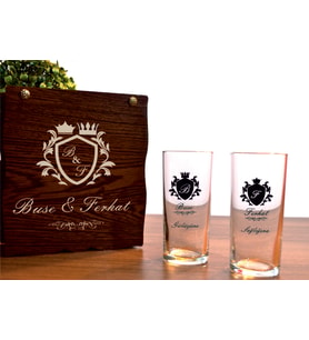 İsim ve Söz Yazılı Ahşap Kutulu 2'Li Rakı Bardağı Seti