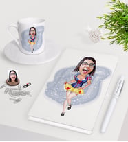BK Gift Kişiye Özel Pamuk Prenses Karikatürlü Beyaz Defter Kalem Türk Kahvesi Fincanı Seti (Model 1)