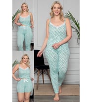 MyBen Büyük Beden Çiçek Desenli Dantel Detaylı Şortlu ve Taytlı Pijama Takımı 3'lü Set 80011