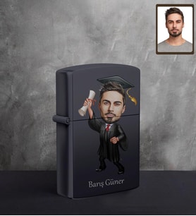 Kişiye Özel Mezuniyet Karikatürlü UV Baskılı Siyah Benzinli Çakmak Bay-3