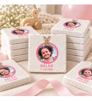 30 Adet Kişiye Özel Baskılı Doğal Taş Magnet 5x5cm Doğum Günü, Hoşgeldin Bebek (Beyaz)