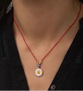Papatya Silver 925 Ayar Gümüş Dorica Toplu Mineli Kırmızı İpli Papatya Kolye