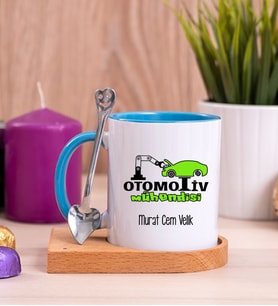 Otomotiv Mühendisi Ahşap Altlıklı Mavi Kupa Bardak
