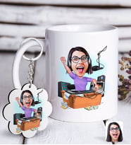 BK Gift Kişiye Özel Bayan Radyocu Karikatürlü Beyaz Kupa ve Anahtarlık Hediye Seti-1 (Model 1)