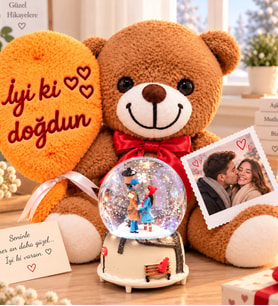 Sevgiliye Hediye Kişiye Özel İyi Ki Doğdun Peluş Ayıcık & Sokak Lambası Kar Küresi