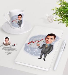 BK Gift Kişiye Özel Erkek Patron Karikatürlü Beyaz Defter Kalem Türk Kahvesi Fincanı Seti-4 (Model 1)