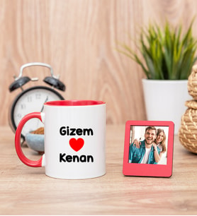 Sevgililere Özel İsim Yazılı Kırmızı Kupa Bardak ve Kırmızı Fotoğraf Çerçevesi