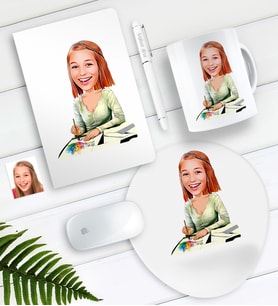 BK Gift Kişiye Özel Bayan Grafik Tasarımcı Karikatürlü Defter Kalem Kupa Mouse Pad Seti (Model 1)