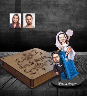 Kişiye Özel Gelin Damat Karikatürlü Ahşap Biblo Kutulu Mod-3