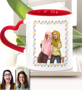 BK Gift Kişiye Özel Türbanlı Karikatürlü Kırmızı Kalpli Kupa Bardak 38754