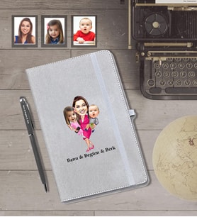 Kişiye Özel Aile Karikatürlü Gri Defter Kalem Hediye Seti   Mod-5
