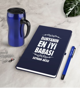BK Gift Kişiye Özel Dünyanın En İyi Babası Lacivert Defter Kalem Termos Mug Seti-6 (Model 1)