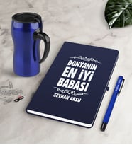 BK Gift Kişiye Özel Dünyanın En İyi Babası Lacivert Defter Kalem Termos Mug Seti-6 (Model 1)