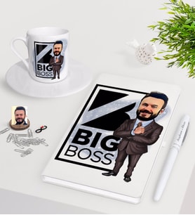 BK Gift Kişiye Özel Erkek Big Boss Karikatürlü Beyaz Defter Kalem Türk Kahvesi Fincanı Seti-1 (Model 1)