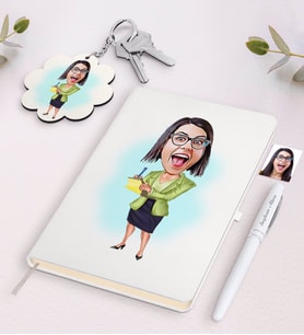 BK Gift Kişiye Özel Sekreter Karikatürlü Beyaz Defter Kalem ve Anahtarlık Hediye Seti (Model 1)