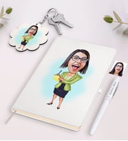 BK Gift Kişiye Özel Sekreter Karikatürlü Beyaz Defter Kalem ve Anahtarlık Hediye Seti (Model 1)