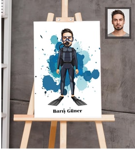 Kişiye Özel Dalgıç Karikatürlü Ahşap Tablo 30x47  Bay-1