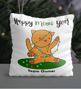Kişiye Özel Happy Meow Year Kedi Tasarımlı Yastık (Beyaz)